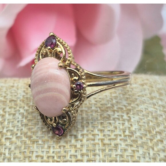 Karis STS Gold Tone Cocktail Ring Pink Center Large Size 11.5 Open Works Purple - Picture 3 of 9